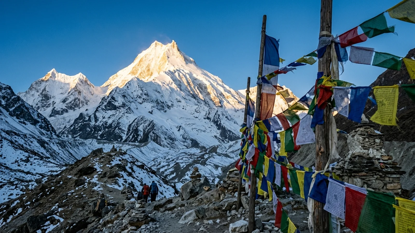 High mountain pass in Nepal along Manaslu circuit framed by prayer flags and snow peaks